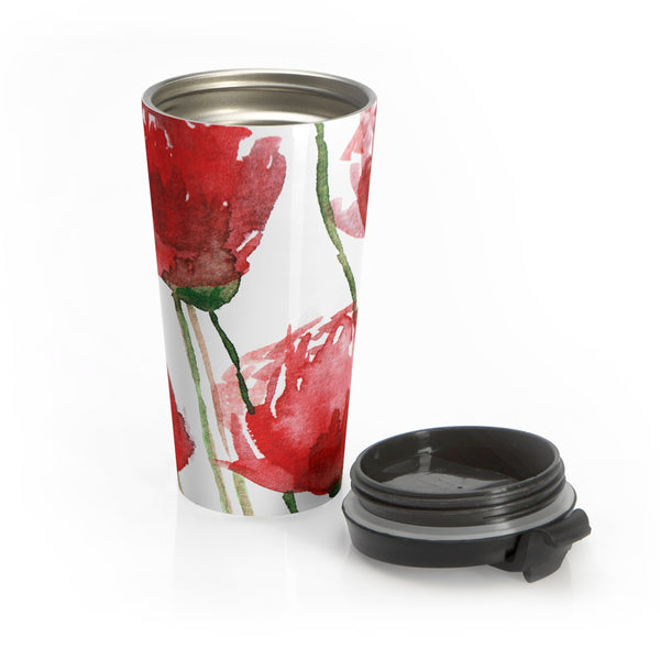 Red Poppy Floral Print Designer Durable Stainless Steel 15 oz Travel Mug- Made in USA-Mug-Travel Mug-Heidi Kimura Art LLC