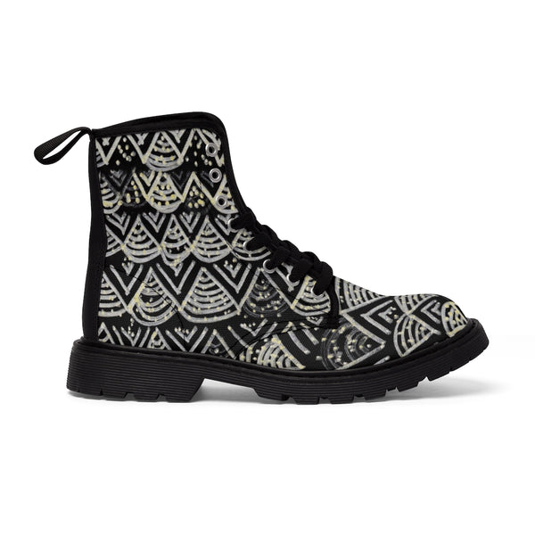 Black Geometric Men's Winter Boots, Designer Anti Heat/Moisture Men's Canvas Boots-Men's Boots-Heidi Kimura Art LLC