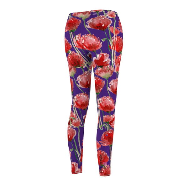 Purple Poppy Floral Casual Tights, Women's Floral Casual Leggings