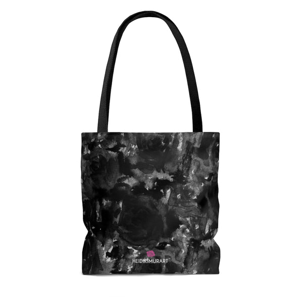Grey Floral Rose Tote Bag, Flower Print Abstract Designer Colorful Square 13"x13", 16"x16", 18"x18" Premium Quality Market Tote Bag - Made in USA
