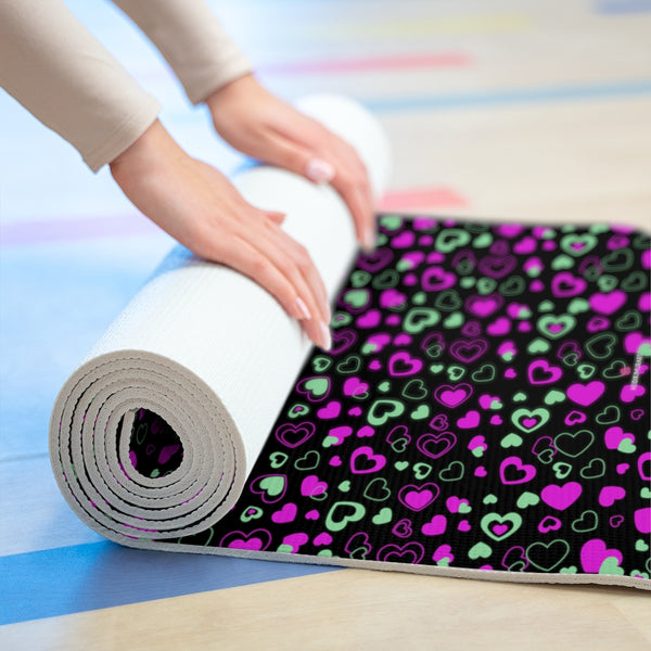 Black Hearts Foam Yoga Mat, Black and Pink Hearts Pattern Valentine's Day Special Best Fashion Stylish Lightweight 0.25" thick Best Designer Gym or Exercise Sports Athletic Yoga Mat Workout Equipment - Printed in USA (Size: 24″x72")