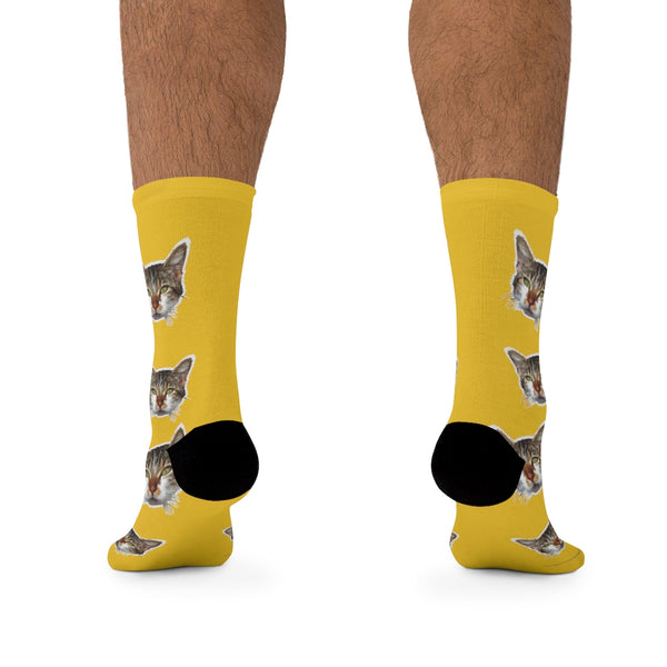Bright Yellow Cat Print Socks, Cute Calico Cat One-Size Premium Socks- Made in USA-Socks-One size-Heidi Kimura Art LLC