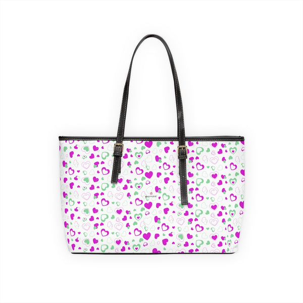 Pink Hearts Print Tote Bag, PU Leather Shoulder Hand Work Bag