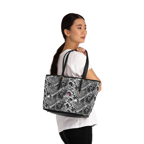 Grey Snake Print Tote Bag, Snake Reptile Python Print PU Leather Shoulder Large Spacious Durable Hand Work Bag 17"x11"/ 16"x10" With Gold-Color Zippers & Buckles & Mobile Phone Slots & Inner Pockets, All Day Large Tote Luxury Best Sleek and Sophisticated Cute Work Shoulder Bag For Women With Outside And Inner Zippers
