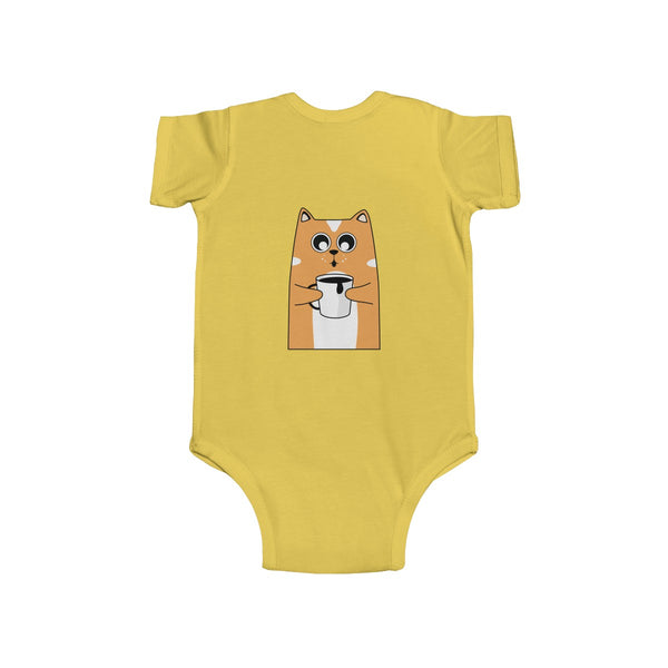 Orange Cat Loves Coffee Infant Fine Jersey Regular Fit Unisex Bodysuit - Made in UK-Infant Short Sleeve Bodysuit-Heidi Kimura Art LLC