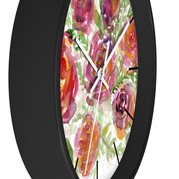 Orange Red Floral Print French Rose 10" Diameter Modern Wall Clock - Made in USA-Wall Clock-Heidi Kimura Art LLC