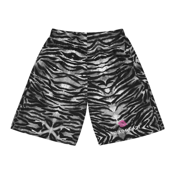 Grey Tiger Men's Basketball Shorts, Tiger Striped Men's Shorts - Made in USA