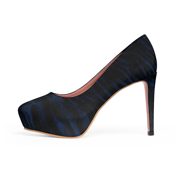 Navy Blue Warrior Tiger Stripe Animal Print Women's Platform Heels (US Size: 5-11)-4 inch Heels-Heidi Kimura Art LLC