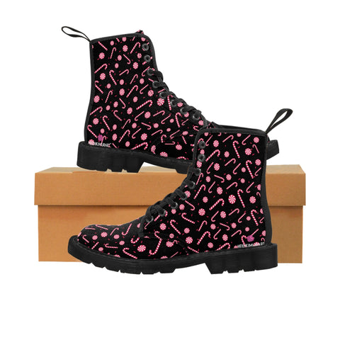 Black Candy Cane Women's Boots, Best Red Candy Cane Christmas Print Elegant Feminine Casual Fashion Gifts, Winter Holiday Combat Boots, Designer Women's Winter Lace-up Toe Cap Hiking Boots Shoes For Women (US Size 6.5-11) Candy Cane Shoes, Designer Womens Boot, Christmas Boots