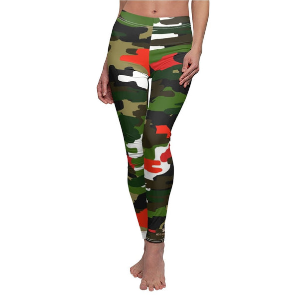 Green Red Camo Army Print Women's Dressy Long Best Casual Leggings- Made in USA-Casual Leggings-Heidi Kimura Art LLC