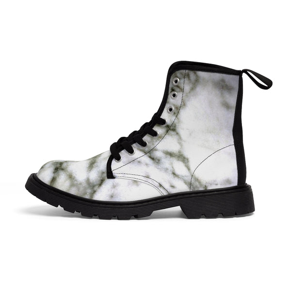White Marble Print Designer Women's Canvas Lace-up Winter Boots Shoes (US Size: 6.5-11)-Women's Boots-Heidi Kimura Art LLC