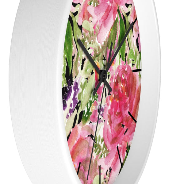 Pink Floral Rose Wall Clock,  Floral 10 inch Diameter Wall Clock, Large Round Wood Girl Children Bedroom Wall Clock