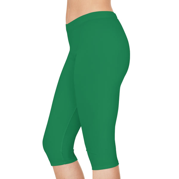 Dark Green Women's Capri Leggings, Knee-Length Polyester Capris Tights-Made in USA (US Size: XS-2XL)