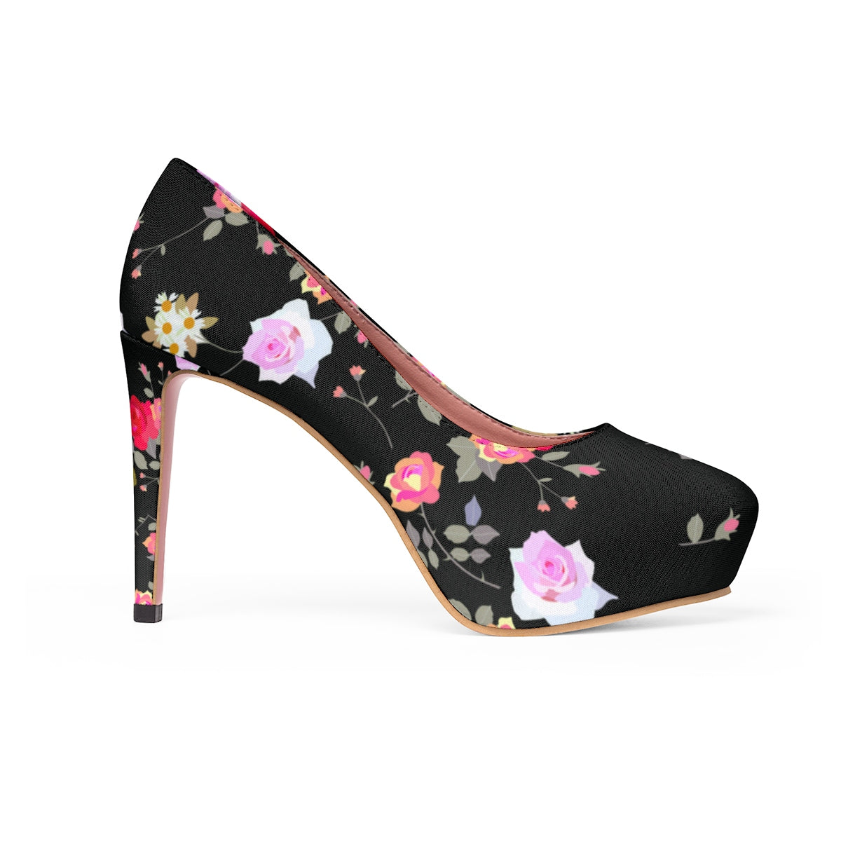Black Floral Rose Heels, Flower Print Best Women's Platform Heels Stiletto Pumps Shoes-4 inch Heels-US 7-Heidi Kimura Art LLC