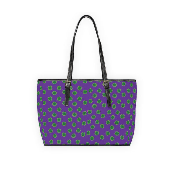 Purple Clovers Tote Bag, PU Leather Shoulder Hand Work Bag