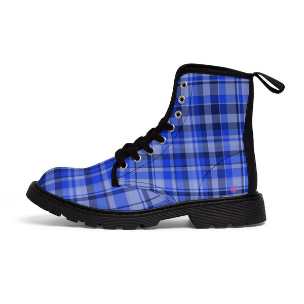 Blue Plaid Women's Combat Boots, Best Blue Plaid Print Canvas Boots For Women, Elegant Feminine Casual Fashion Gifts, Hunting Style Combat Boots, Designer Women's Winter Lace-up Toe Cap Hiking Boots Shoes For Women (US Size 6.5-11)