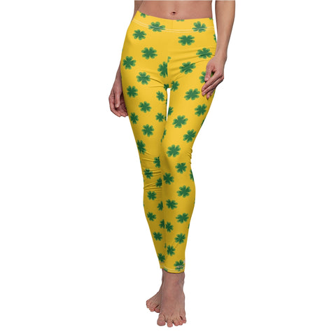 Yellow St. Patrick's Day Green Clover Print Women's Long Casual Leggings- Made in USA-Casual Leggings-White Seams-M-Heidi Kimura Art LLC