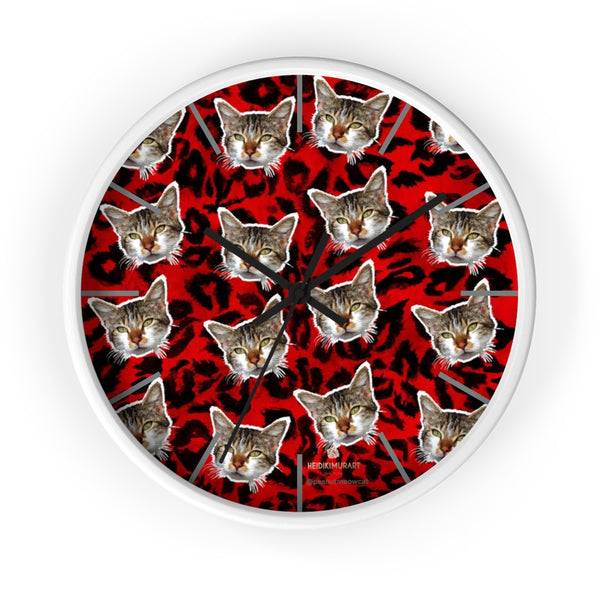 Red Leopard Cat Wall Clock, Peanut Meow Cat Print 10" Dia. Large Clocks- Made in USA-Wall Clock-10 in-White-Black-Heidi Kimura Art LLC