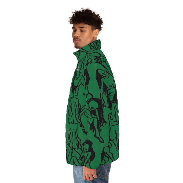 Green Nude Art Men's Jacket, Best Modern Minimalist Classic Artistic Premium Unique Fashion Regular Fit Polyester Men's Puffer Jacket With Stand Up Collar (US Size: S-2XL)