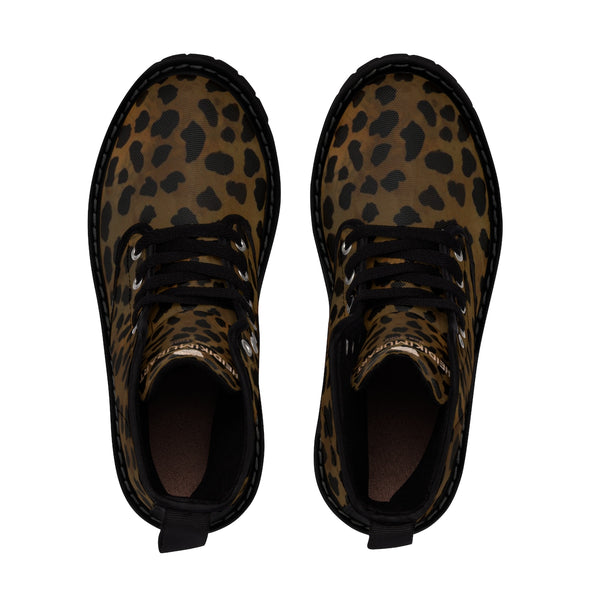 Brown Leopard Animal Print Women's Winter Laced-Up Nylon Canvas Boots (US Size: 6.5-11)-Women's Boots-Heidi Kimura Art LLC