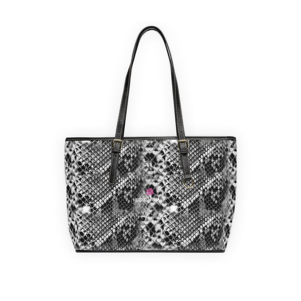 Grey Snake Print Tote Bag, Snake Reptile Python Print PU Leather Shoulder Large Spacious Durable Hand Work Bag 17"x11"/ 16"x10" With Gold-Color Zippers & Buckles & Mobile Phone Slots & Inner Pockets, All Day Large Tote Luxury Best Sleek and Sophisticated Cute Work Shoulder Bag For Women With Outside And Inner Zippers