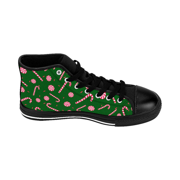 Dark Green Christmas Red White Candy Cane Men's High-Top Sneakers Shoes-Men's High Top Sneakers-Heidi Kimura Art LLC Dark Green Christmas Men's Sneakers, Dark Green Christmas Red White Candy Cane Print Men's High-Top Sneakers Christmas-Themd Footwear Shoes (US Size 6-14)