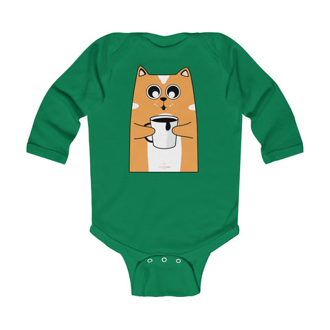 Cute Coffee Cat Print Baby Boy/ Girls Infant Kids Long Sleeve Bodysuit - Made in USA-Infant Long Sleeve Bodysuit-Kelly-18M-Heidi Kimura Art LLC