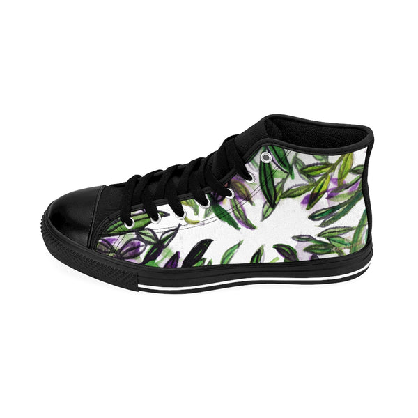Green Tropical Leaf Print Designer Men's High-top Sneakers Tennis Running Shoes-Men's High Top Sneakers-Heidi Kimura Art LLC