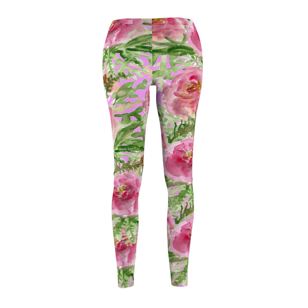 Pink Rose Women's Designer Floral Print Casual Leggings Fashion Tights- Made in USA-Casual Leggings-Heidi Kimura Art LLC