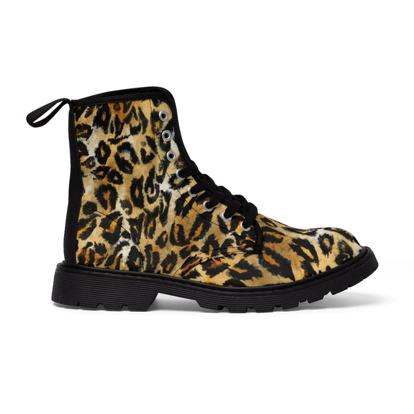 Brown Leopard Print Men Hiker Boots, Designer Animal Print Best Laced Up Men's Canvas Boots