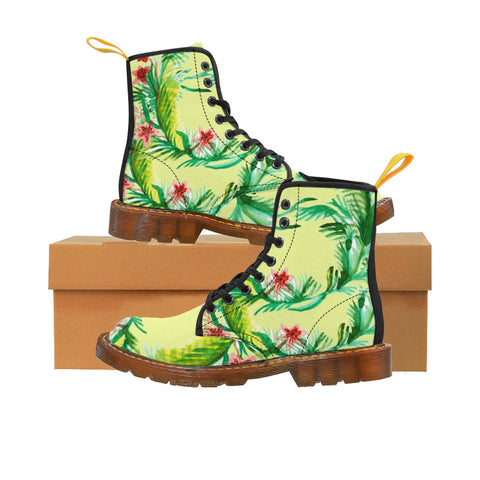 Designer Vintage-Style Light Yellow Floral Print Women's Nylon Canvas Winter Boots-Women's Boots-Brown-US 10-Heidi Kimura Art LLC Yellow Floral Women's Boots, Designer Vintage-Style Light Yellow Floral Print Women's Nylon Canvas Winter Boots (US Size: 6.5-11)
