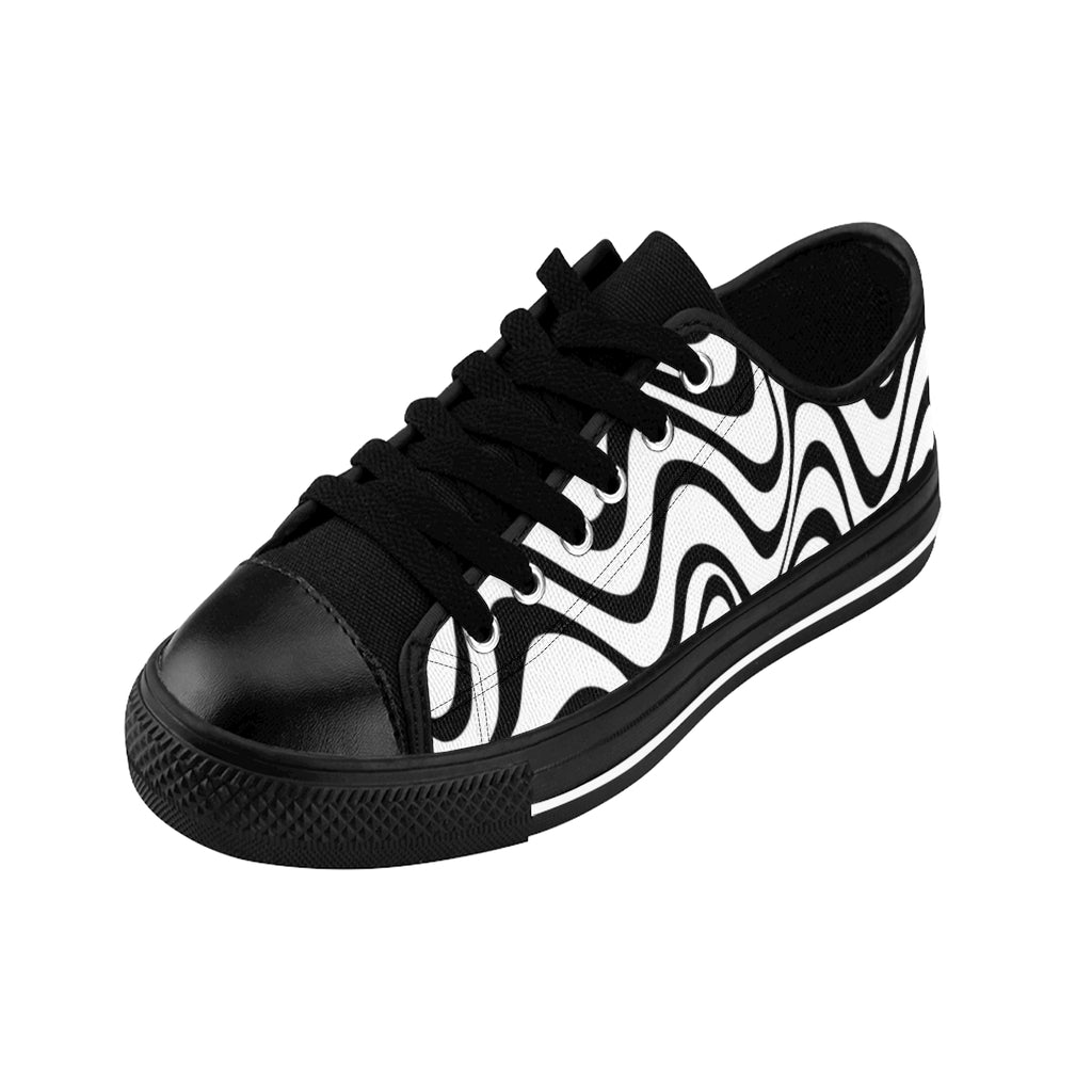 Black Waves Print Men's Sneakers, Geometric Wavy Designer Best Modern Men's Low Tops, Premium Men's Nylon Canvas Tennis Fashion Sneakers Shoes (US Size: 7-14)