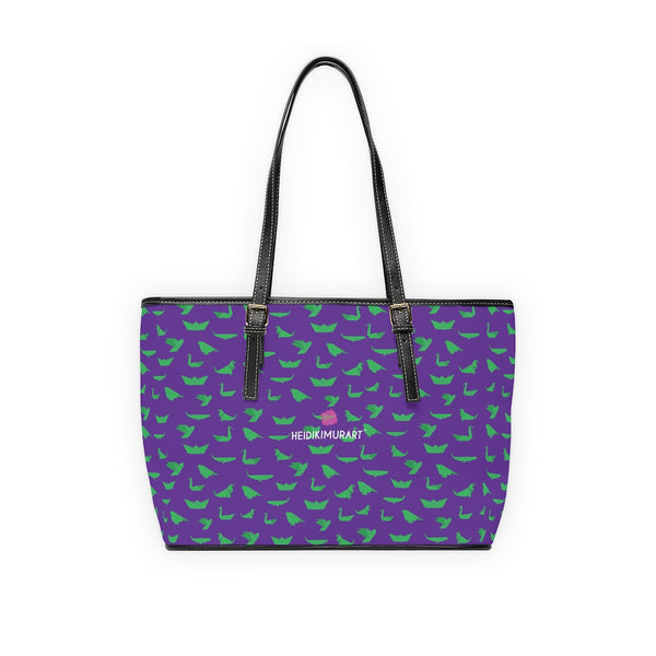Green Crane Purple Tote Bag, Best Stylish Fashionable Printed PU Leather Shoulder Large Spacious Durable Hand Work Bag 17"x11"/ 16"x10" With Gold-Color Zippers & Buckles & Mobile Phone Slots & Inner Pockets, All Day Large Tote Luxury Best Sleek and Sophisticated Cute Work Shoulder Bag For Women With Outside And Inner Zippers