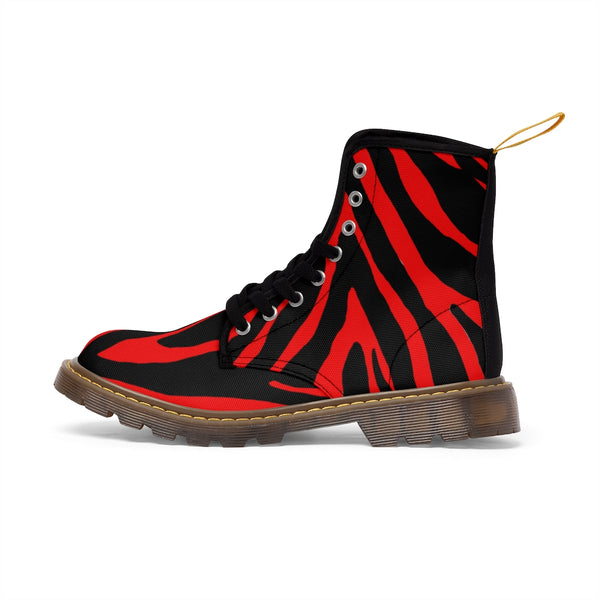 Red Zebra Women's Canvas Boots, Striped Animal Print Winter Boots For Ladies-Shoes-Printify-Heidi Kimura Art  Red Zebra Women's Canvas Boots, Best Zebra Striped Animal Print Modern Essential Casual Fashion Hiking Boots, Canvas Hiker's Shoes For Mountain Lovers, Stylish Premium Combat Boots, Designer Women's Winter Lace-up Toe Cap Hiking Boots Shoes For Women (US Size 6.5-11)