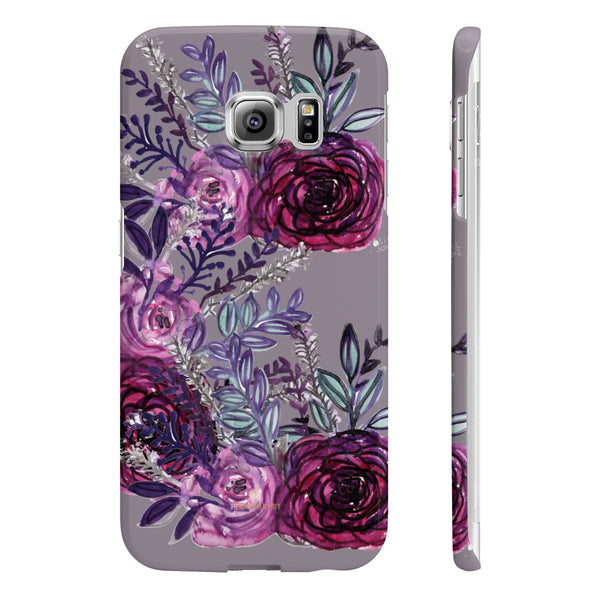 Gray Slim iPhone/ Samsung Galaxy Floral Purple Rose Print Phone Case, Made in UK-Phone Case-Samsung Galaxy S6 Edge Slim-Glossy-Heidi Kimura Art LLC