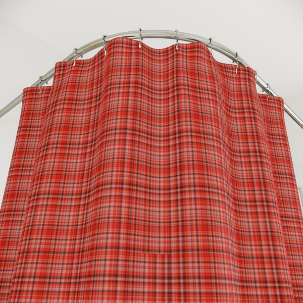 Red Plaid Polyester Shower Curtain, Plaid Tartan Scottish Print Christmas Winter Holiday Festive 71" × 74" Modern Kids or Adults Colorful Best Premium Quality American Style One-Sided Luxury Durable Stylish Unique Interior Bathroom Shower Curtains - Printed in USA