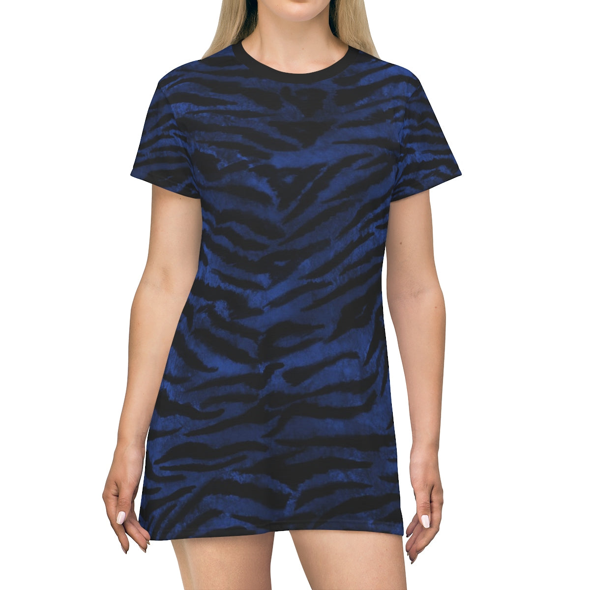Navy Blue Tiger Dress, Tiger Stripe Animal Print Long Crew Neck T-shirt Dress-Made in USA | Heidikimurart Limited Navy Blue Tiger Dress, Tiger Stripe Animal Print Long Crew Neck T-shirt Dress-Made in USA | Heidikimurart Limited