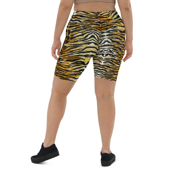 Orange Tiger Striped Biker Shorts, Tiger Strips Animal Print Cycling Workout Short Tights For Women-Made in EU/MX