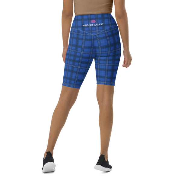 Blue Plaid Print Biker Shorts