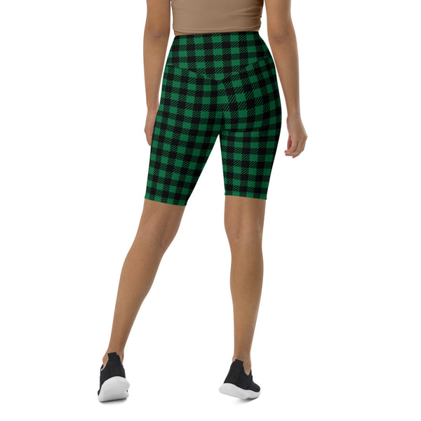 Green Plaid Printed Biker Shorts