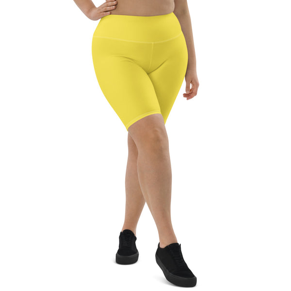 Bright Yellow Solid Color Biker Shorts, Light Yellow Solid Colored Biker Shorts, Premium Biker Shorts For Women-Made in EU/MX (US Size: XS-3XL) Women's Athletic Shorts, Cycling Shorts For Women, Bike Shorts, Womens Bike Short
