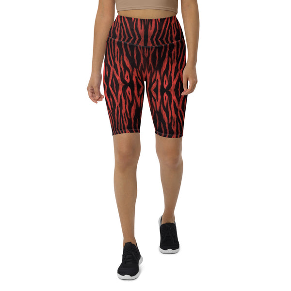 Red Tiger Striped Biker Shorts, Animal Print Biker Shorts, Premium Biker Shorts For Women-Made in EU/MX (US Size: XS-3XL) Women's Athletic Shorts, Cycling Shorts For Women, Bike Shorts, Womens Bike Short