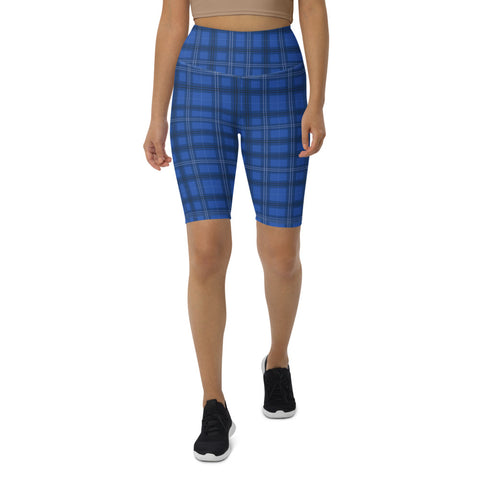 Blue Plaid Print Biker Shorts