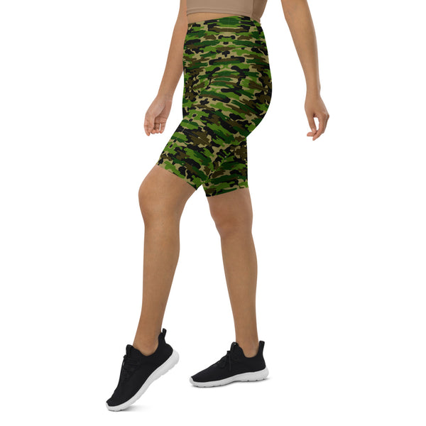 Green Camo Biker Shorts, Camouflage Army Print Women's Biker Shorts, Premium Biker Shorts For Women-Made in EU/MX (US Size: XS-3XL) Women's Athletic Shorts, Cycling Shorts For Women, Bike Shorts, Womens Bike Short