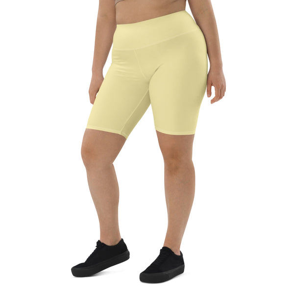 Pale Yellow Ladies' Biker Shorts, Solid Color Yellow Solid Colored Biker Shorts, Premium Biker Shorts For Women-Made in EU/MX (US Size: XS-3XL) Women's Athletic Shorts, Cycling Shorts For Women, Bike Shorts, Womens Bike Short