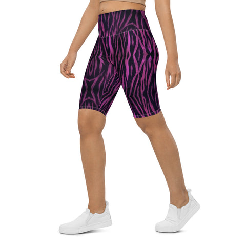 Pink Tiger Striped Biker Shorts, Animal Print Biker Shorts, Premium Biker Shorts For Women-Made in EU/MX (US Size: XS-3XL) Wome