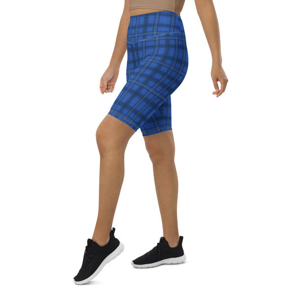 Blue Plaid Print Biker Shorts