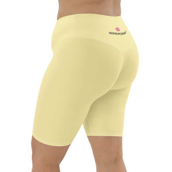Pale Yellow Ladies' Biker Shorts, Solid Color Yellow Solid Colored Biker Shorts, Premium Biker Shorts For Women-Made in EU/MX (US Size: XS-3XL) Women's Athletic Shorts, Cycling Shorts For Women, Bike Shorts, Womens Bike Short
