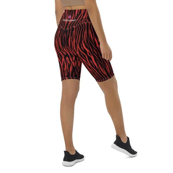 Red Tiger Striped Biker Shorts, Animal Print Biker Shorts, Premium Biker Shorts For Women-Made in EU/MX (US Size: XS-3XL) Women's Athletic Shorts, Cycling Shorts For Women, Bike Shorts, Womens Bike Short