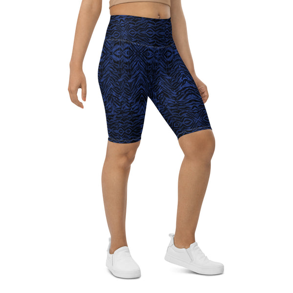 Blue Tiger Striped Biker Shorts, Animal Print Biker Shorts, Premium Biker Shorts For Women-Made in EU/MX (US Size: XS-3XL) Women's Athletic Shorts, Cycling Shorts For Women, Bike Shorts, Womens Bike Short